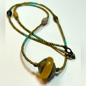 Amber Lucite brass turquoise glass hand rolled paper beads